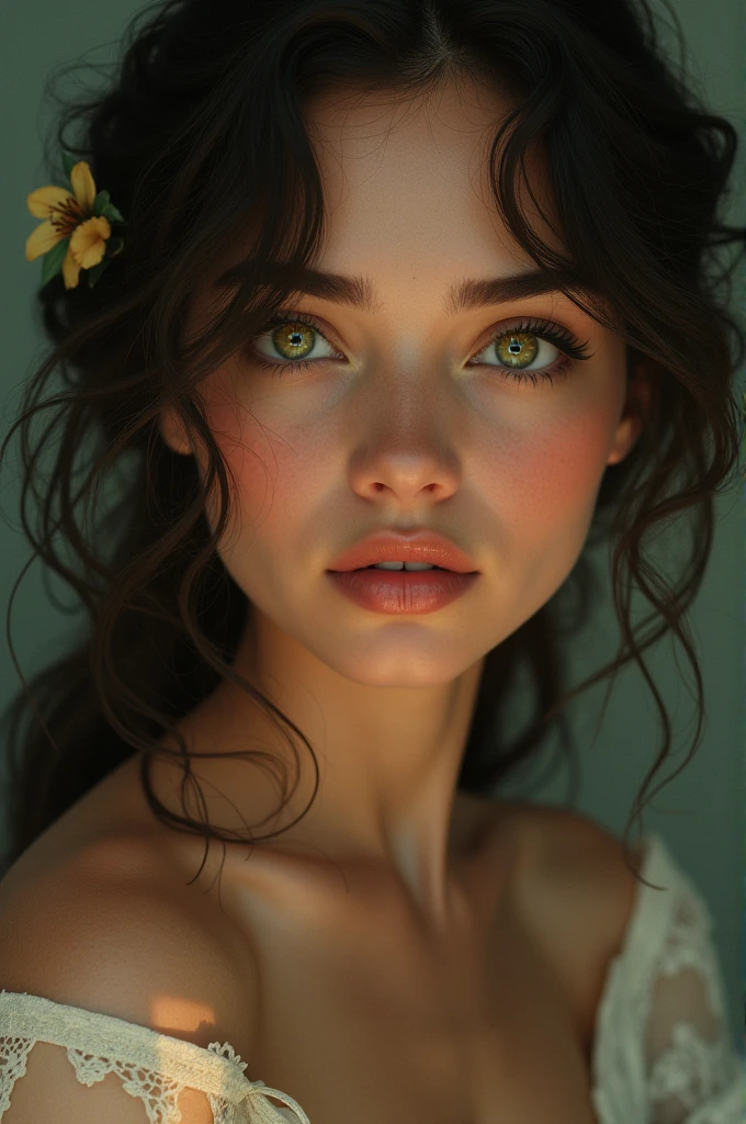 A Brazilian girl, of ethereal beauty, with beautiful green and golden eyes, with strong features 