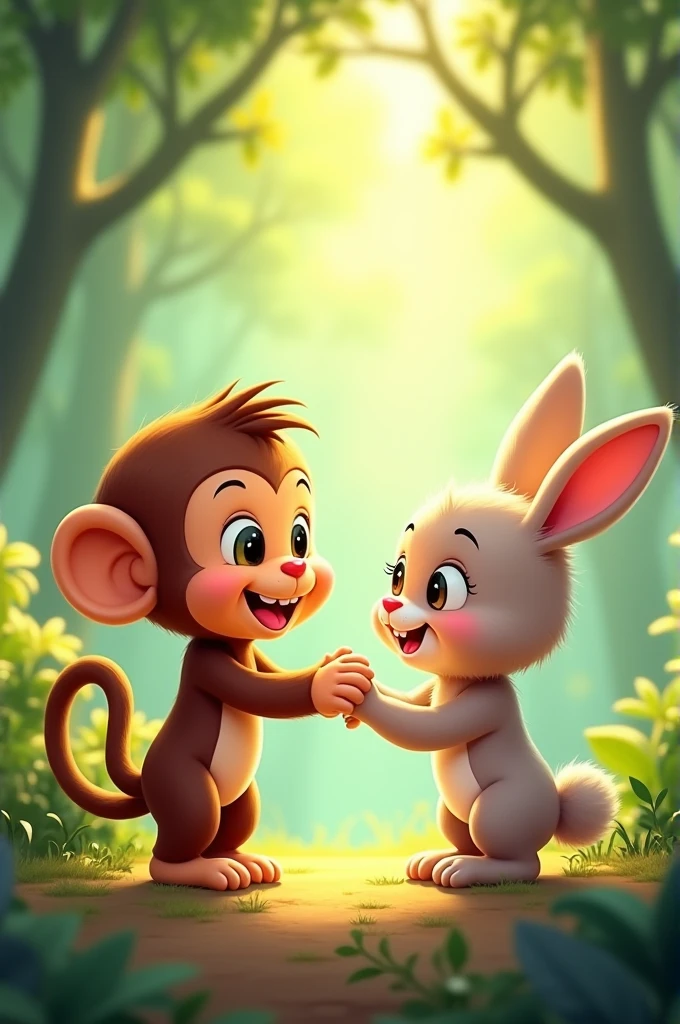 14. **Chhoto’s New Friendship** - "Chhoto the monkey and Phudko the rabbit shaking hands, smiling at each other, showing their newfound friendship."