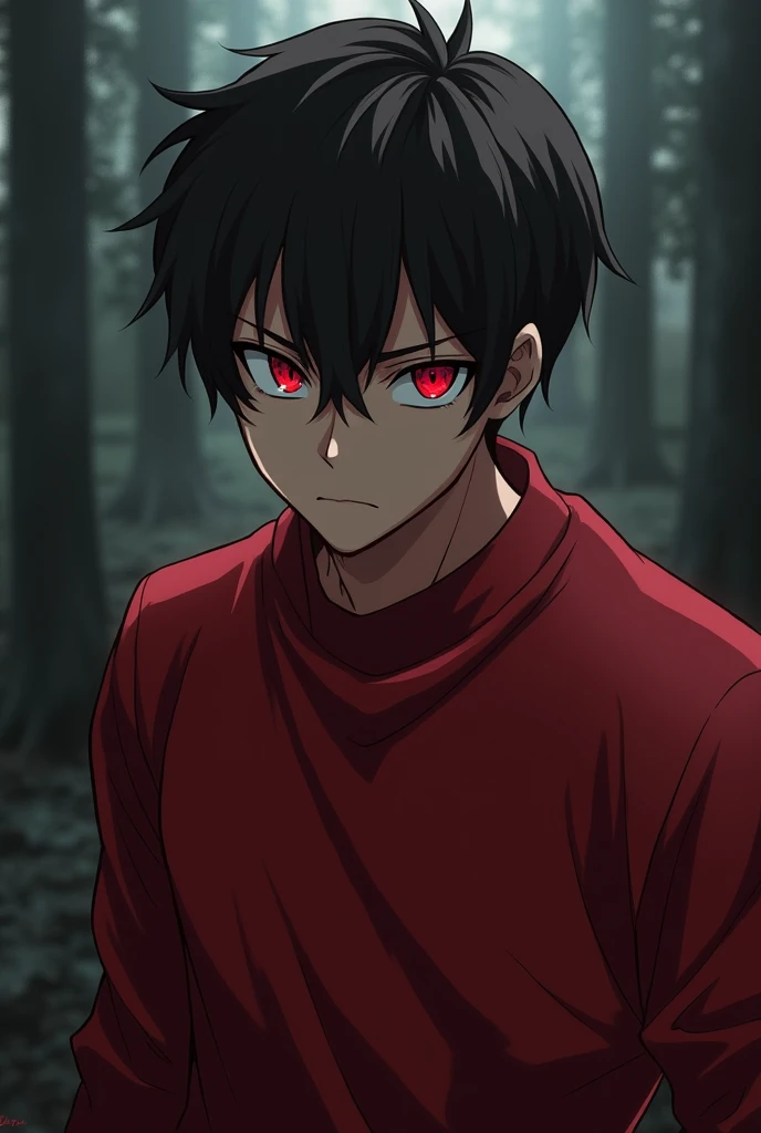 Dark brown hair man red eyes red sweatshirt brown skin anime style DemonSlayer
