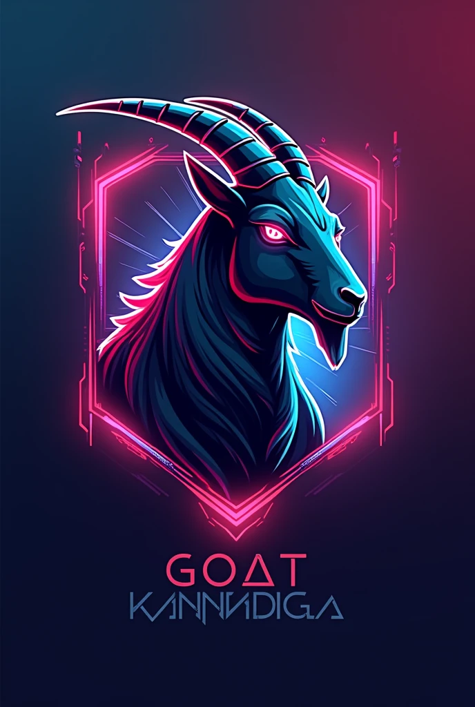 This is a gaming logo that features the name "GOAT KANNADIGA" in a futuristic font and a mixed color. and Goat avtar, The logo also has a stylized emblem icon and the name must under the emblem. The logo is designed to be attractive and eye-catching, and to appeal to gaming enthusiasts and YouTube viewers.