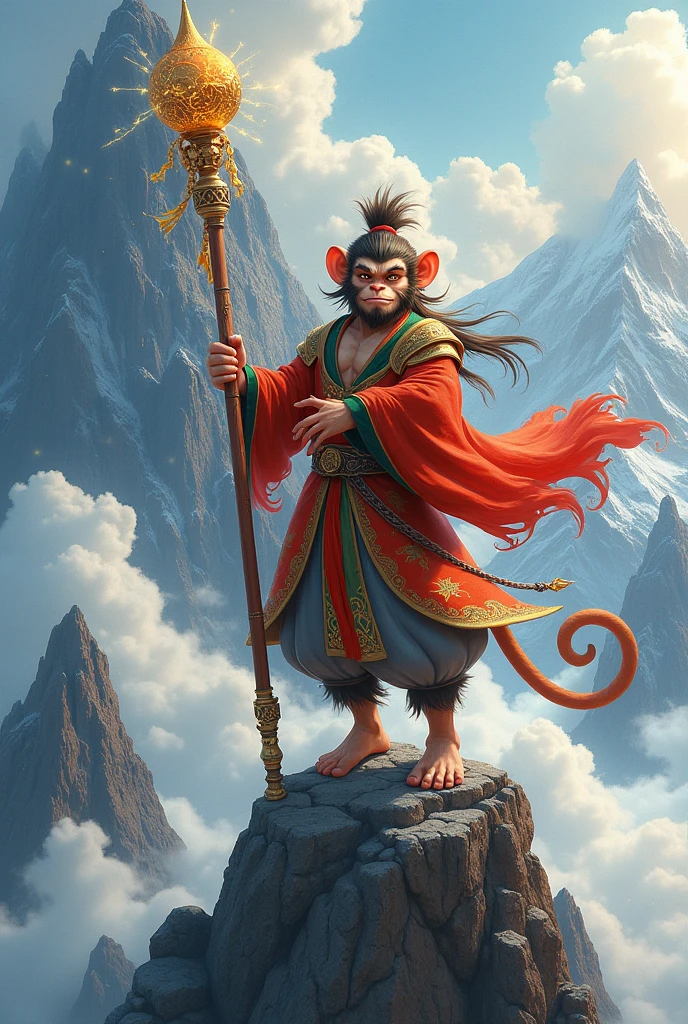Sun Wukong the Monkey King on top of a mountain with his staff