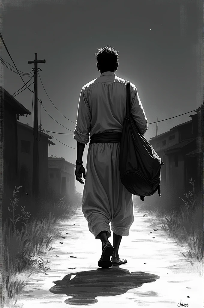 A Indian adult men returning village with a bag in night sketch image 