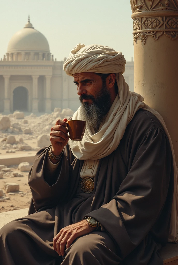 An Iraqi man of good origins drinks tea during a war, laughing and not caring. 