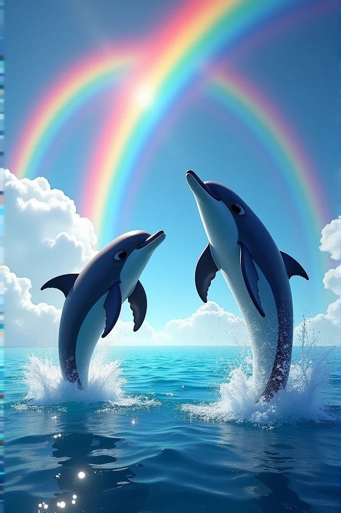 Create an image of a sea with jumping dolphins and several rainbows and above those dolphins is mounted the skin of Vegetta777 and wylirex from Minecraft