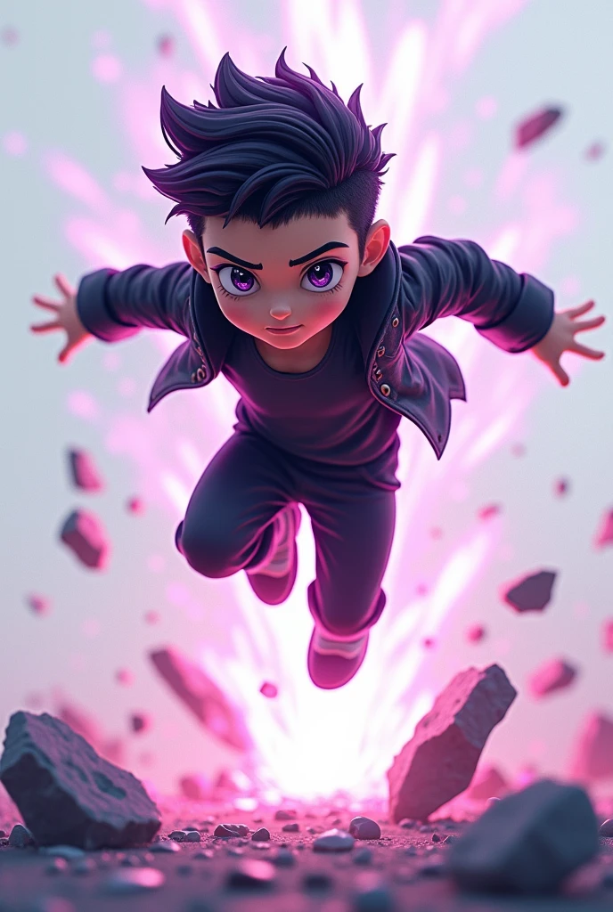 a young boy with short black hair and a lowcut fade, violet eyes, wearing a black jacket, jumping and destroying the ground with a light smile, detailed face, extremely detailed eyes, , masterpiece, 4k, 8k, highres, ultra-detailed, physically-based rendering, professional, vivid colors, studio lighting,