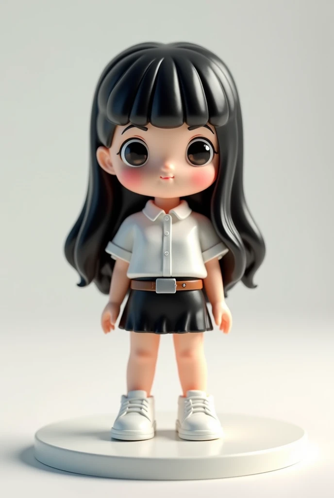 super cute girl IP by pop mart, Bright eyes, cherub, white short-sleeve button shirt, black tight short slit mini skirt, brown belt, grey plain plate belt buckle, white sneakers, Models, a blind box toy, Glossy and delicate,Clean background, Good gloss, 3D rendering of,Best quality, full body, made from ceramic, black long straight hair, made from glossy material, shiny, refection, ray trace, stand on white circle base, white skin