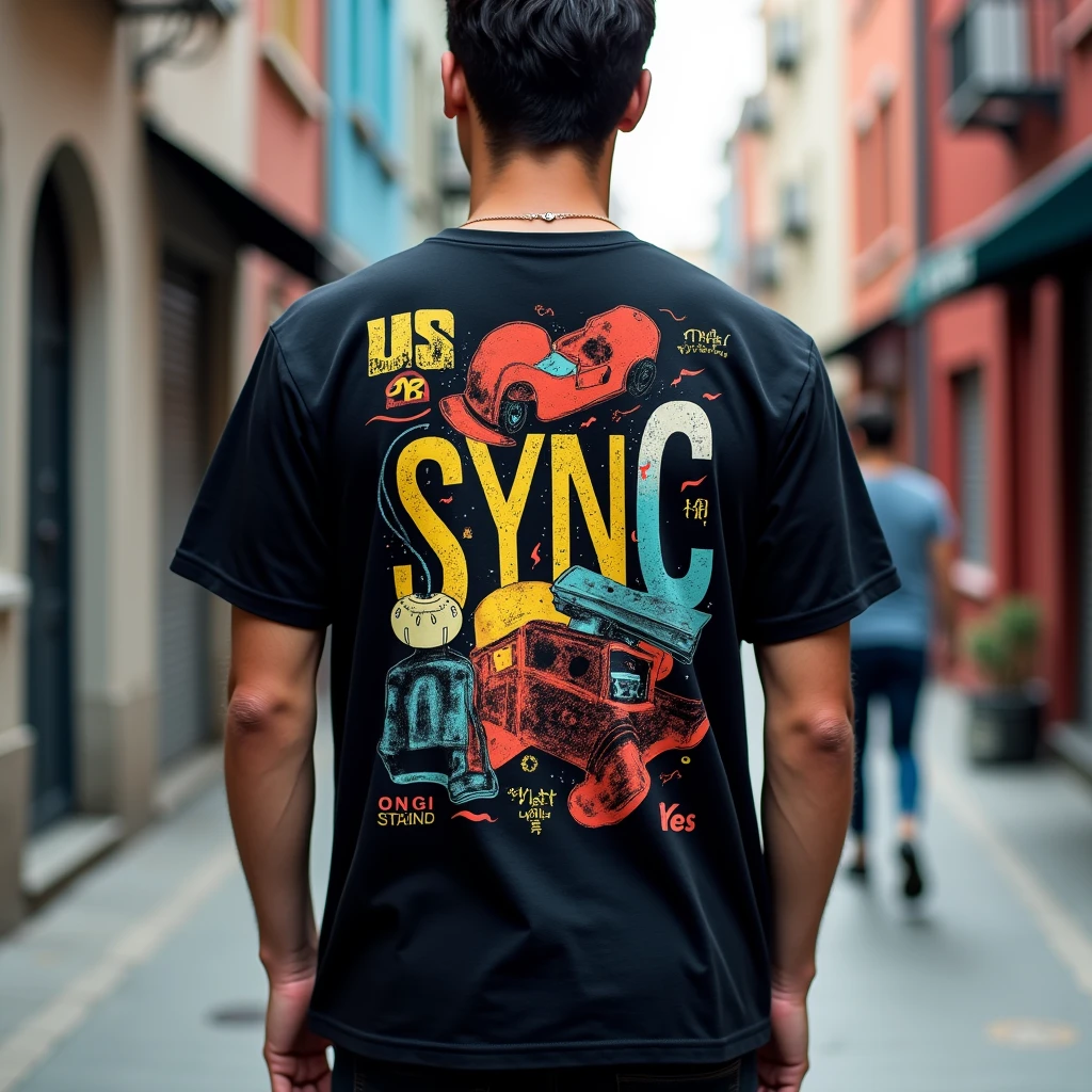 create me t-shirt ideas for the streetwear clothing brand "SYNC" the t-shirt should be styled with patterns on the back