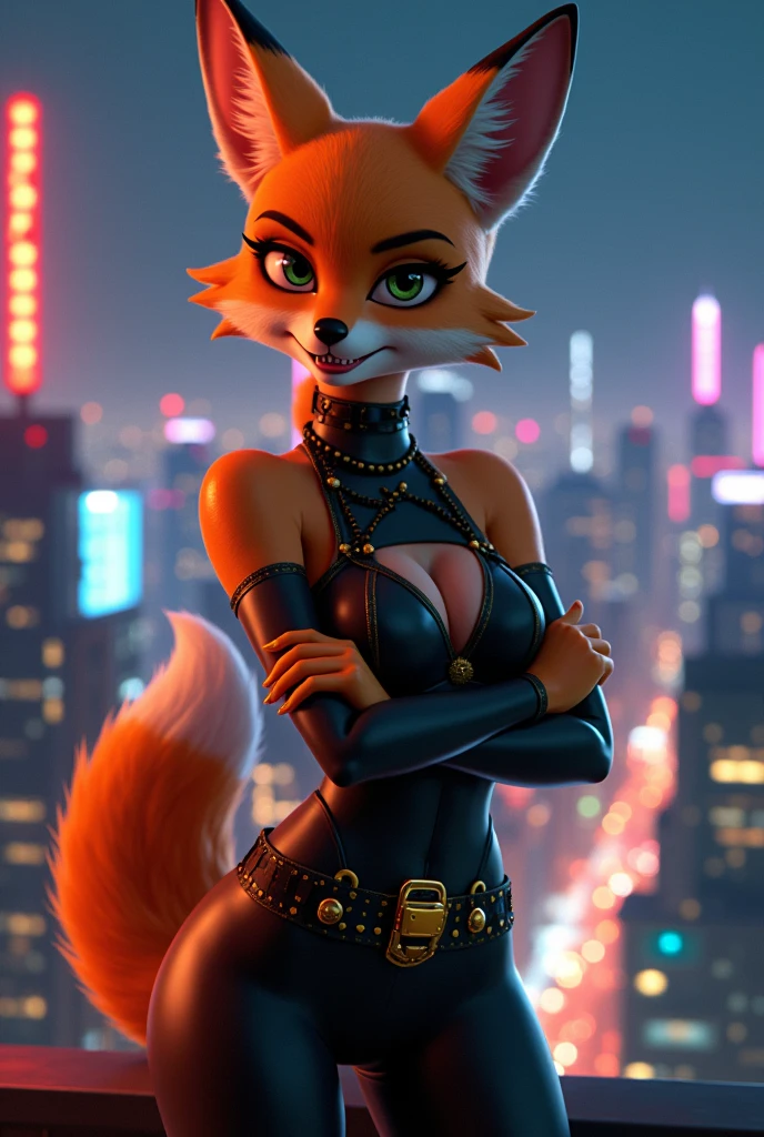 Diane foxington, city lights at night, Skyscrapers with neon lights, Portrait of the incredibly beautiful Canid Furry Fox Girl, Soft delicate beautiful attractive face with attractive green-black eyes, Beautiful medium breast, Voluminous Eyebrow With Piercing, Thick Eyelashes, (smug face:1.1), Open mouth of fox snout, Whiter teeth with cute fangs sticking out, Body fur in thick layers of orange color, Long fox ears with tail, Black lips parted, High quality black latex textured full bodysuit with zipper closed, Clothes with yellow decorations, Belt with buckle, Standing on the highest rooftops in the city, Bright Night City Skyline Background, (Crossed arms:1.2), (of the highest quality, surprising details:1.4), cell shading, ray tracing, Scale of colors, 3d animation, picturesque landscape, naked