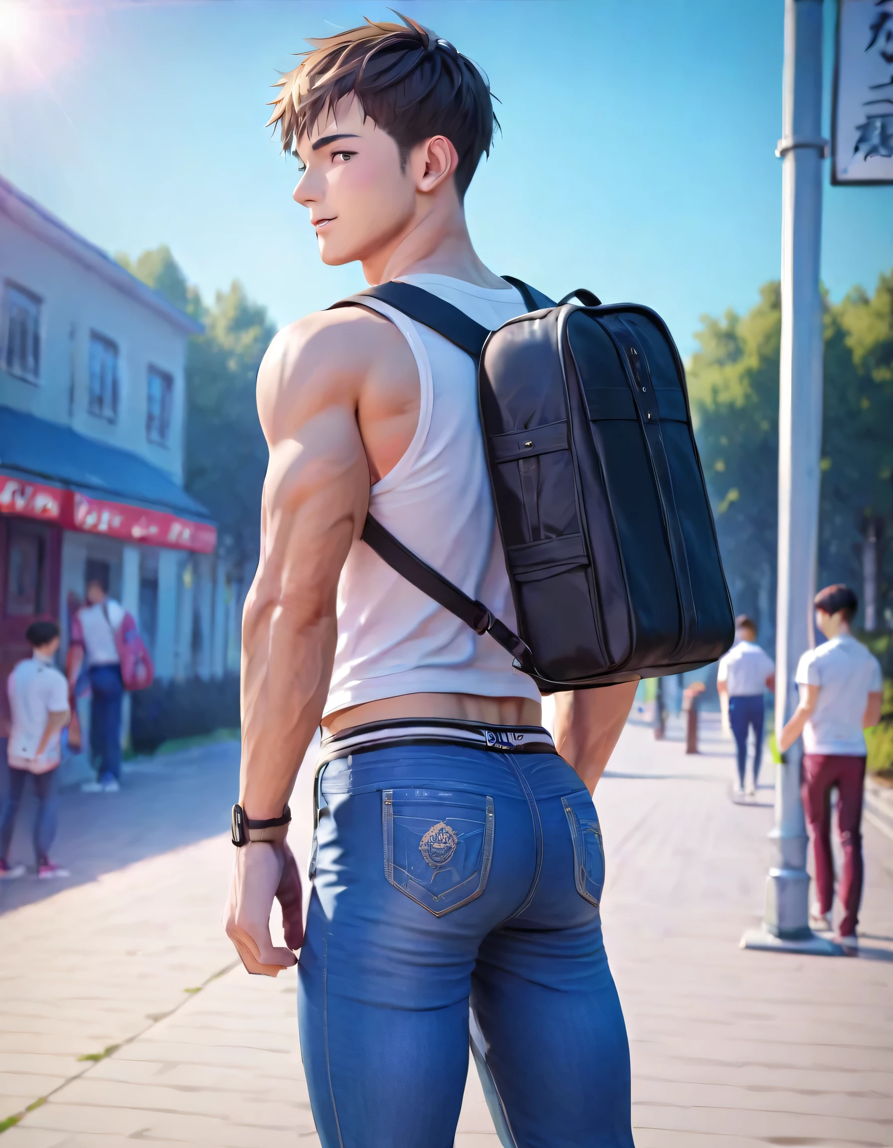 (1boy, semi realistic, masterpiece:1.2, anime style, best quality, 4k), a handsome and muscular college aged boy walking into a school wearing a sleeveless crop top with low rise slim fit jeans and a small backpack, backside facing and looking back over shoulder, top of his butt is exposed from jeans with jockstrap band showing, (((male))), backdrop is entrance to school building