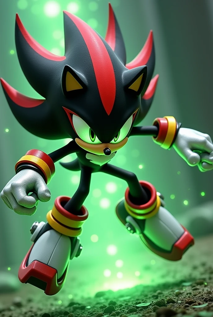 Shadow the hedgehog with green eyes and the rest of the details or parts in red are also green, Silver the hedgehog's spikes and his levitation gloves too and that he has the green chaos emerald and that he is levitating