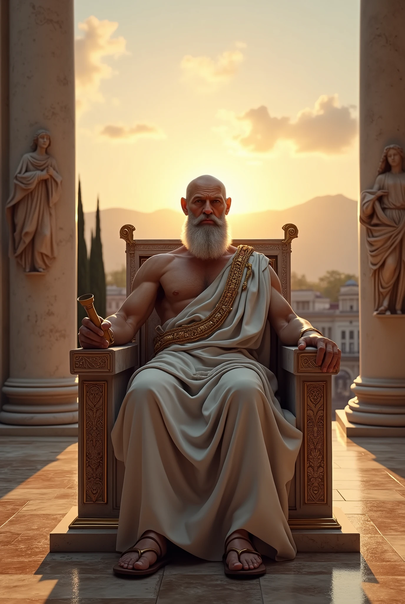 Prompt with Stoic Status Elements: "In a majestic Roman square, a stoic sage with an imposing posture is seated on a marble chair carved with delicate details that symbolize triumph over adversity. Surrounded by grand marble columns and statues of mythological figures, the wise man displays a serene expression, reflecting a deep understanding of the world. He wears a luxurious toga, adorned with discreet gold embroidery that represents the balance between power and modesty. In one hand, he holds a closed scroll, sign of your mastery of knowledge, while the other rests peacefully on a sheathed sword, symbolizing inner strength and the ability to act with courage. Ao fundo, the setting sun bathes the scene in a golden light, highlighting the rich colors and creating dramatic shadows that accentuate the grandeur of the setting. Cypress trees and distant mountains complete the horizon., suggesting the unshakable stability and nobility of the Stoic spirit. The image conveys an aura of serene authority, Emotional balance, and the respect that comes from mastery of oneself and one&#39;s surroundings."