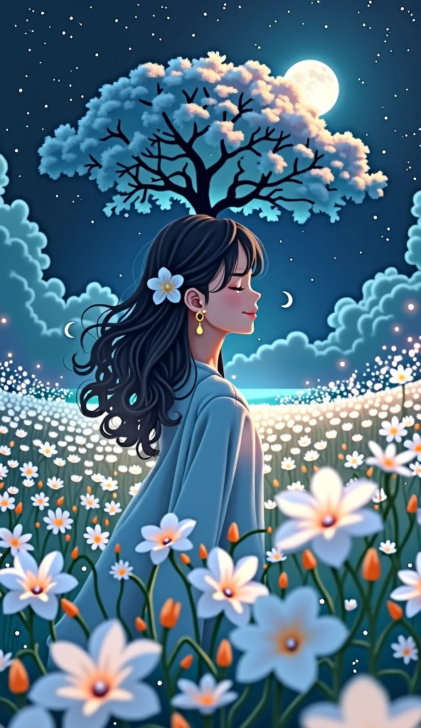  1girl, Solo, High Resolution, Masterpiece, Accurate, Best Quality, Award Winning, Long Hair, Black Hair, Curly Hair, Crescent Earrings, Closed Eyes, Light Smile, Tearing Up, POV, Multiple Views, Hair Flower, Sparkle, Bloom, Blending, standing in the middle of the white plumeria flied, night, fireflies,Feet Out Of Frame, anime, donghua, myth, can see the night view and a big plumeria field, girl looking small from far away, From Above, Fisheye, 