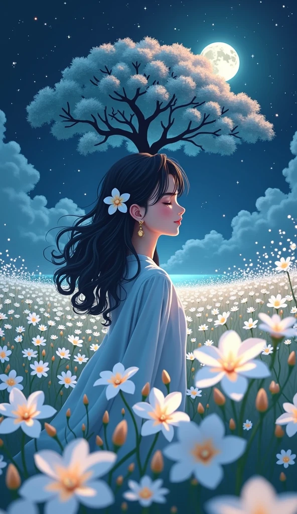  1girl, Solo, High Resolution, Masterpiece, Accurate, Best Quality, Award Winning, Long Hair, Black Hair, Curly Hair, Crescent Earrings, Closed Eyes, Light Smile, Tearing Up, POV, Multiple Views, Hair Flower, Sparkle, Bloom, Blending, standing in the middle of the white plumeria flied, night, fireflies,Feet Out Of Frame, anime, donghua, myth, can see the night view and a big plumeria field, girl looking small from far away, From Above, Fisheye, 