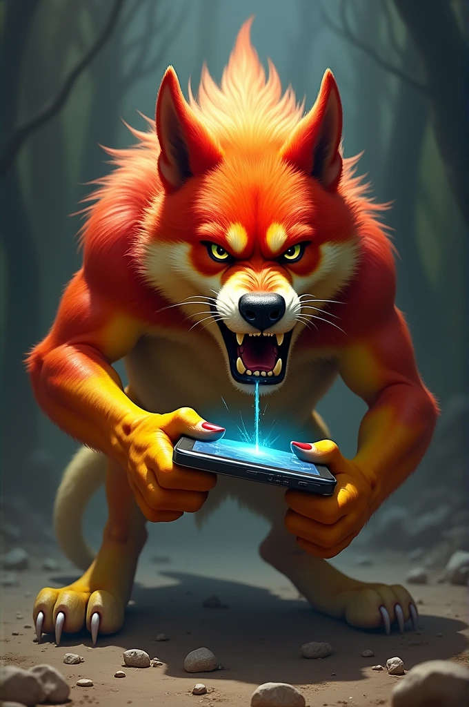 A dog is red and yellow colour is looking danger our life and he caught the i phone