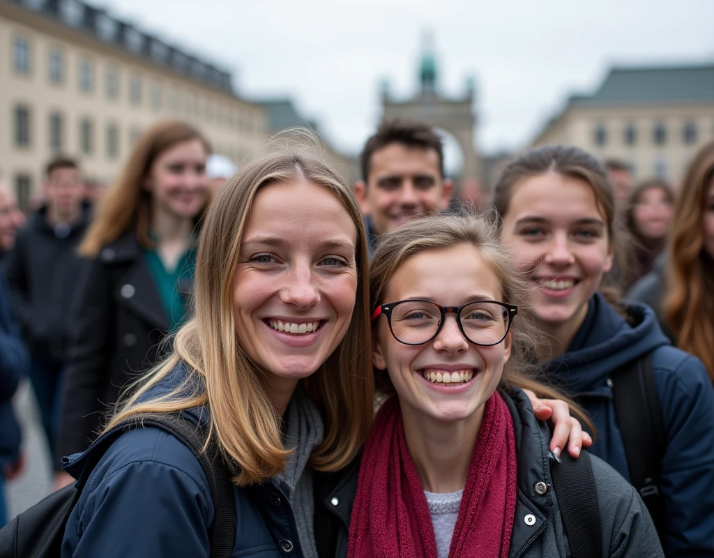 Souvenir photo of the school trip to Berlin, smiling teachers and students. A class of 23 students.