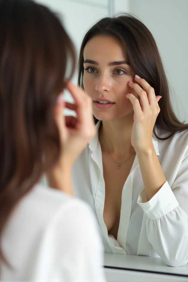 young woman, 2, dark brown hair, normal chest, skinny face, white wall, no decoration, in long white shirt, in the bathroom, putting on makeup, looking in a mirror