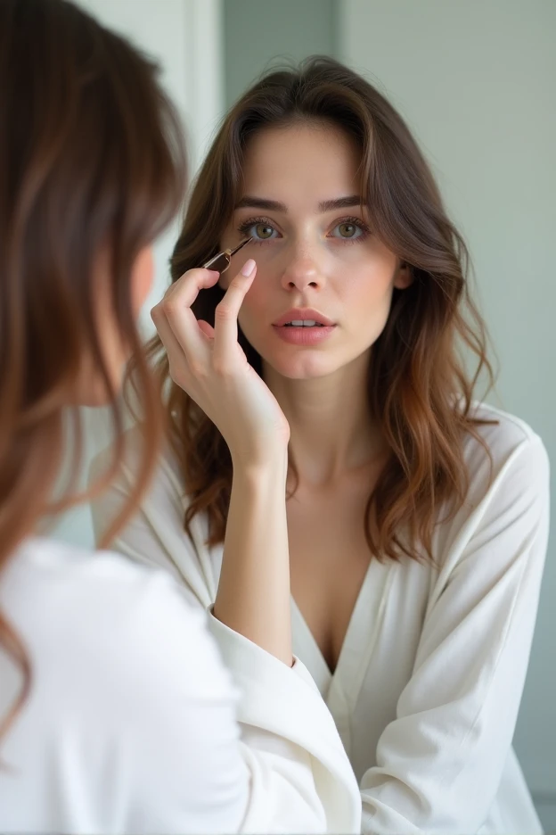 young woman, 2, dark brown hair, normal chest, skinny face, white wall, no decoration, in long white shirt, in the bathroom, putting on makeup, looking in a mirror