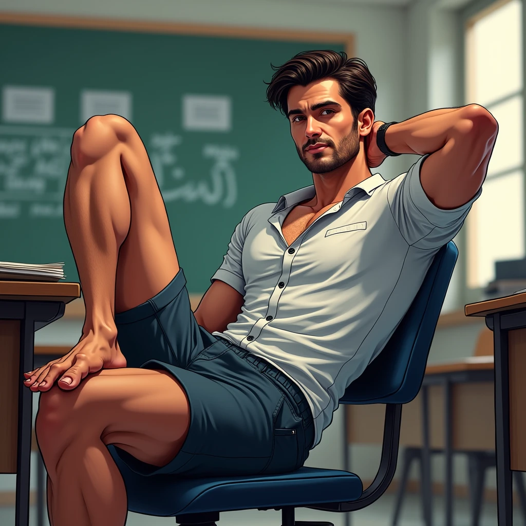 marvel art, a 30 year old iranian attractive fit male teacher, wearing tight button up shirt and shorts, sat on the chair with feet up on the desk relaxing hand behind hear, sweaty armpit, inside class,