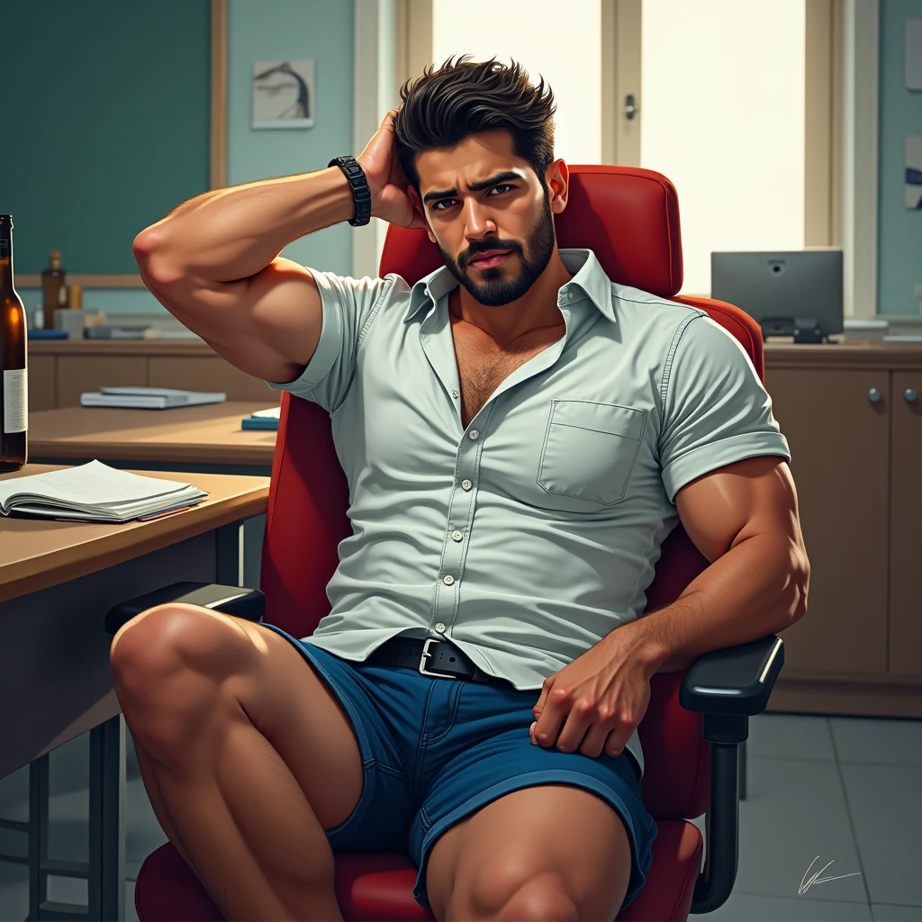 marvel art, a 30 year old iranian attractive fit male teacher, wearing tight button up shirt and shorts, sat on the chair with feet up on the desk relaxing hand behind hear, sweaty armpit, inside class, 