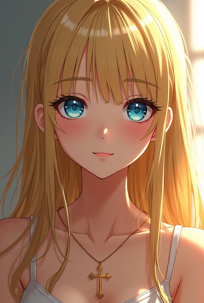 Manga character girl long straight blond hair blue eyes with eyeliner quite tanned slightly smile gold Christian cross around the neck thin gold creoles