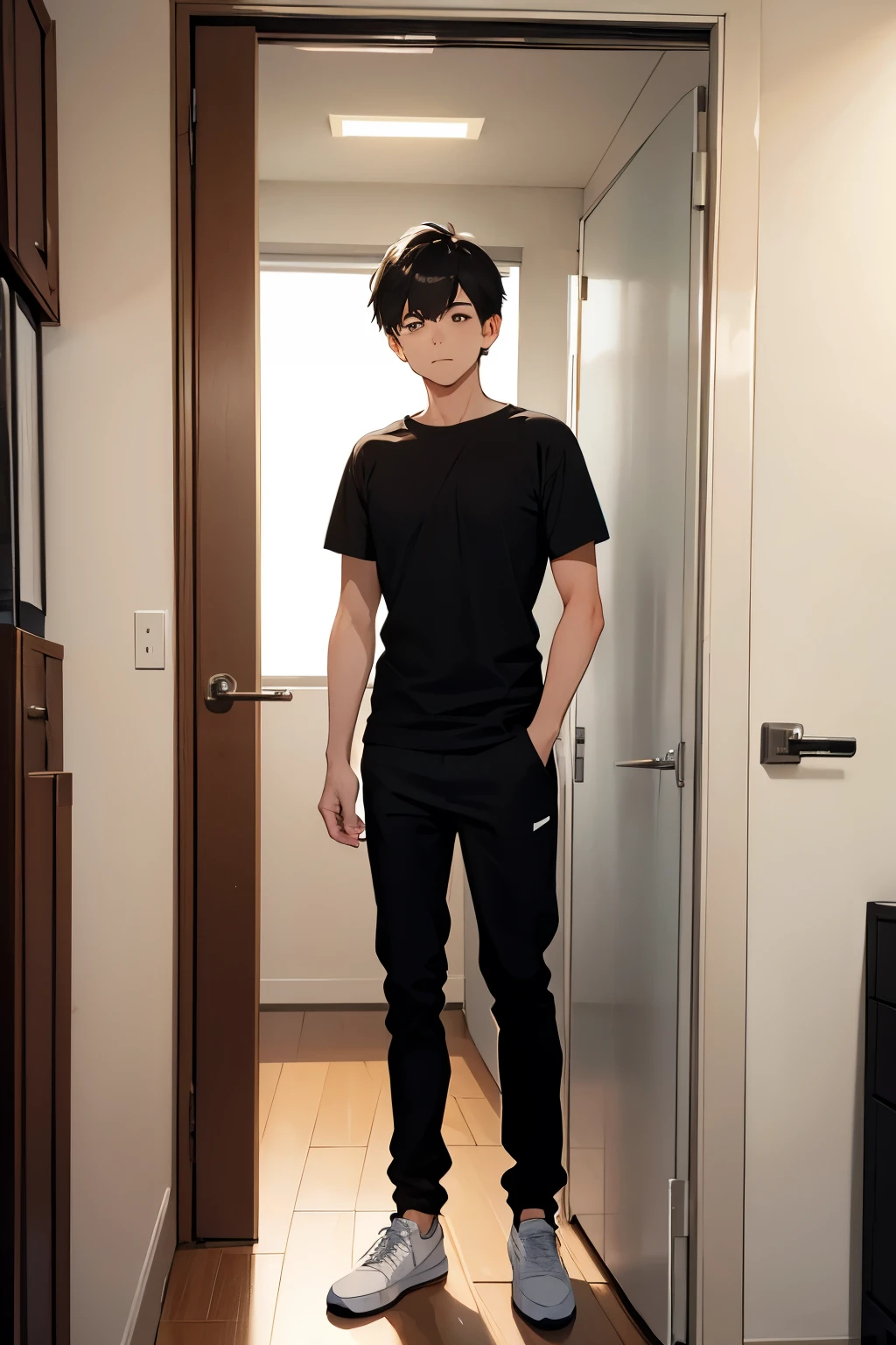 A 20 year old man (backwards) (Surprise face) short black hair, white t-shirt black pants, He is standing in front of a door.