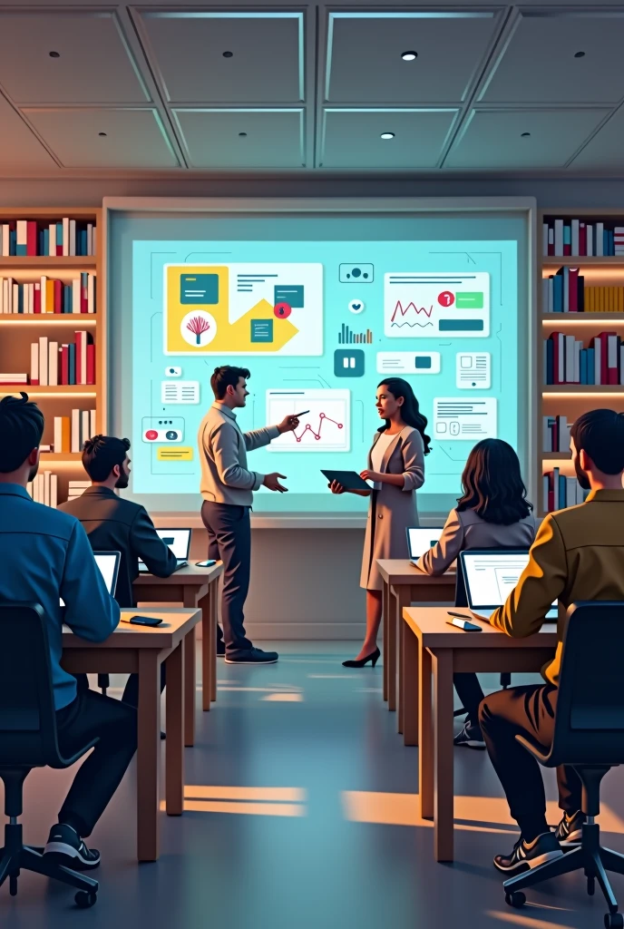 A scene in a modern training classroom, where a group of teachers are participating in a training session. Teachers are sitting at tables with laptops, taking notes while observing an instructor or facilitator standing in front of a digital whiteboard. On the blackboard, There are graphics, diagrams and texts related to education. In the background, You can see shelves with books and educational materials. The image should convey the idea of progress, professional development