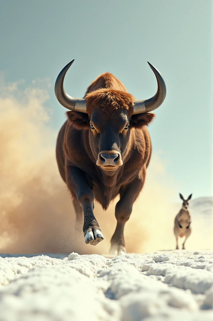 Big bull running on the sand entering in the snow dessert with kangaroo