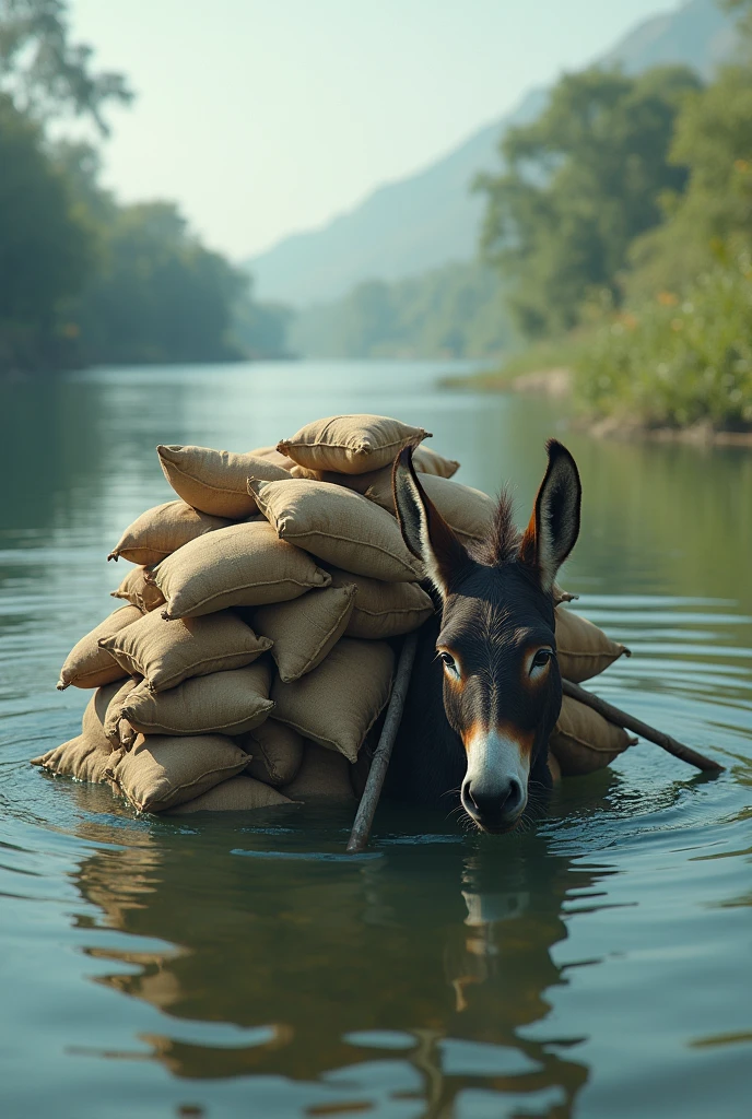 A donkey with many sacks on his back A donkey is lying in a big river with sacks