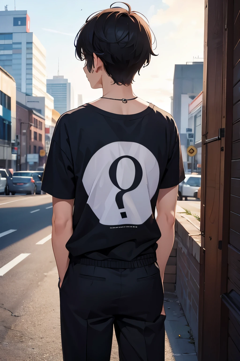 A 20 year old man (backwards) (you can see his back) (you can&#39;t see his face) short black hair, white t-shirt black pants, He is standing in front of a door.