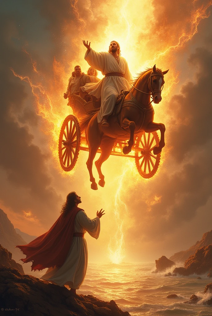 Elijah being taken up in a chariot of fiery horses with Elisha looking up to heaven, holding Elijah's mantle. The waters of the Jordan open in the background, symbolizing the passage to a new level of anointing.