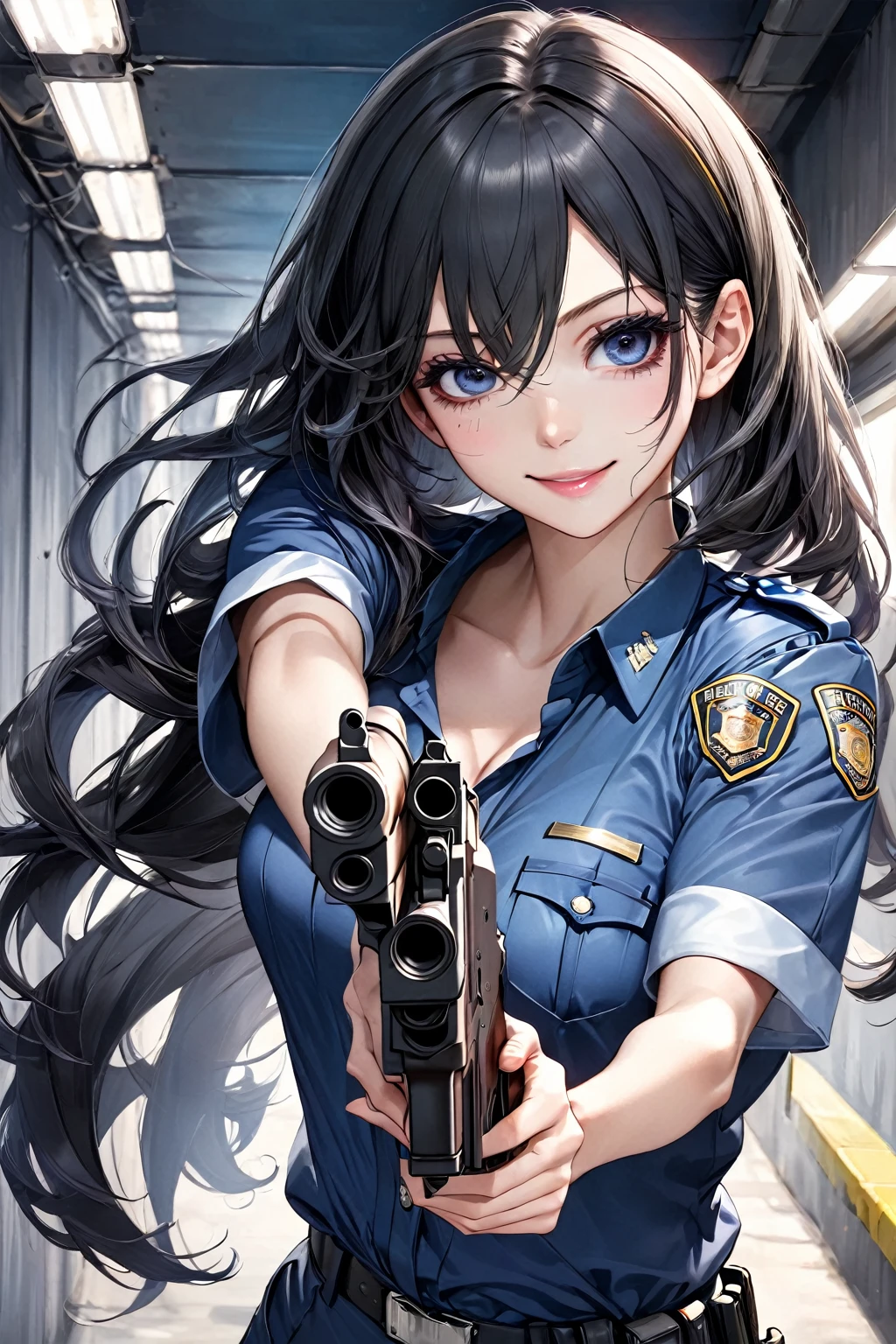 1 girl, police, long black hair, Resident Evil style, clear skin, with light pink lips, with gun in hand, smiling, blue clothes, big black eyes, looking at the viewer.