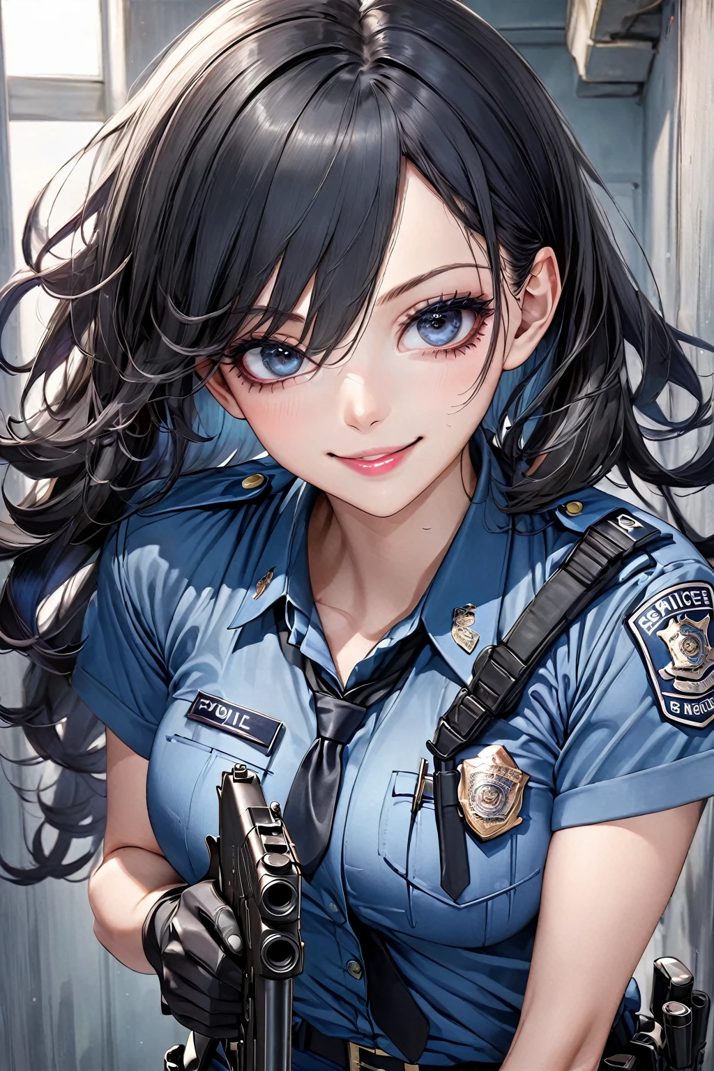 1 girl, police, long black hair, Resident Evil style, clear skin, with light pink lips, with gun in hand, smiling, blue clothes, big black eyes, looking at the viewer. 