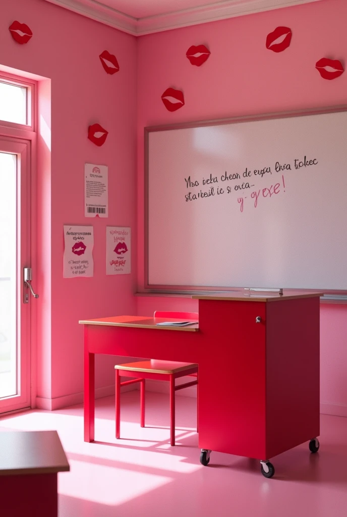 (photorealism:1.2), A big empty pink school classroom with pink school desks and a big red teacher desk on the corner, there are the words "El arte de Mamarle el uebo a nuestro sultán Alberto" handwritten on the whiteboard on the back wall, and a sign with the words "Todas Coquetas y Sexys" on top of the whiteboard and many big red 💋 kiss stickers on the wall, on the left wall there's a classic school classroom open door, realistic, intricate details