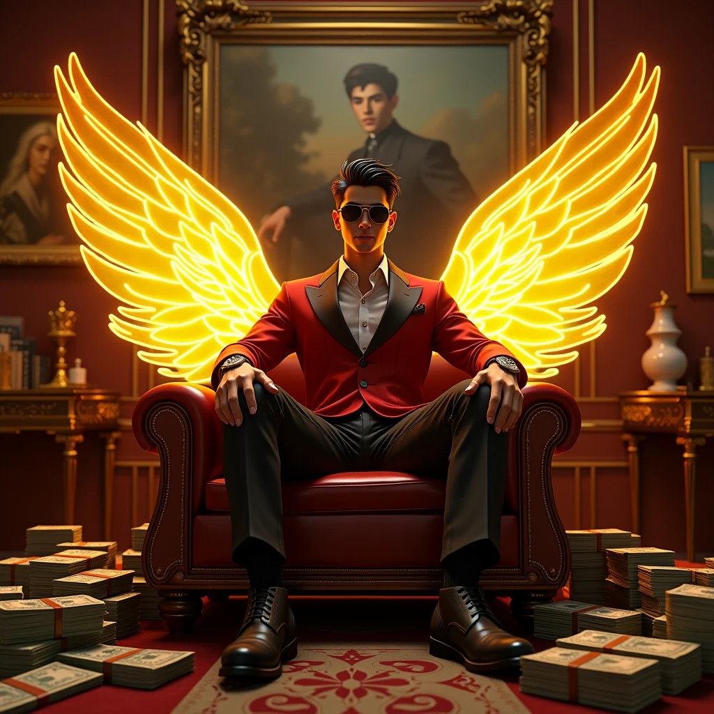 Create a realistic image where a 20 years old boy sitting on a luxury chair with glowing golden yellow wings, there are many cash and gold on sofa with guns. At wall there are many luxury paintings and one big painting in middle. Character is Wearing a red and black luxury suit and sunglasses. In background "CHICO" is written with neon and bold glowing effects which is just above the luxury chair and matching colour same as glowing golden wings