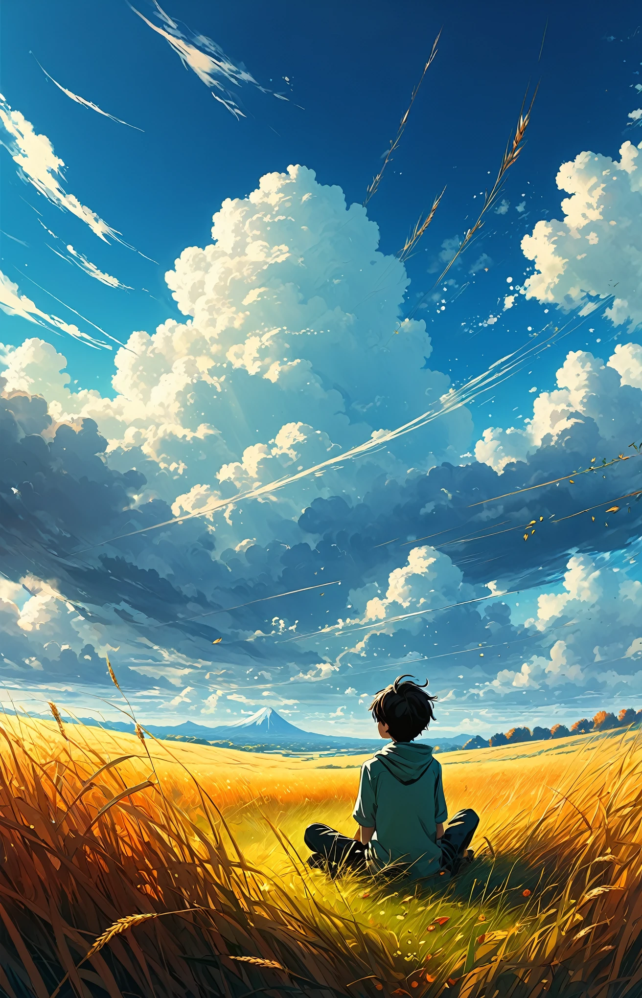 a boy sitting on a cloudy autumn meadow, seeing a vast sky, tall grasses, cloudy sky, makoto shinkai cyril rolando, anime art wallpaper 4k, anime art wallpaper 4k, animated background, anime art wallpaper 8k, animated background art, Anime Landscape Wallpaper, amazing wallpaper, hd wallpaper, 4k anime wallpaper, 4k anime wallpaper, Aries Moross art,art by Bob Byerley , AshleyWoodArtAI, Greg Rutkowski
