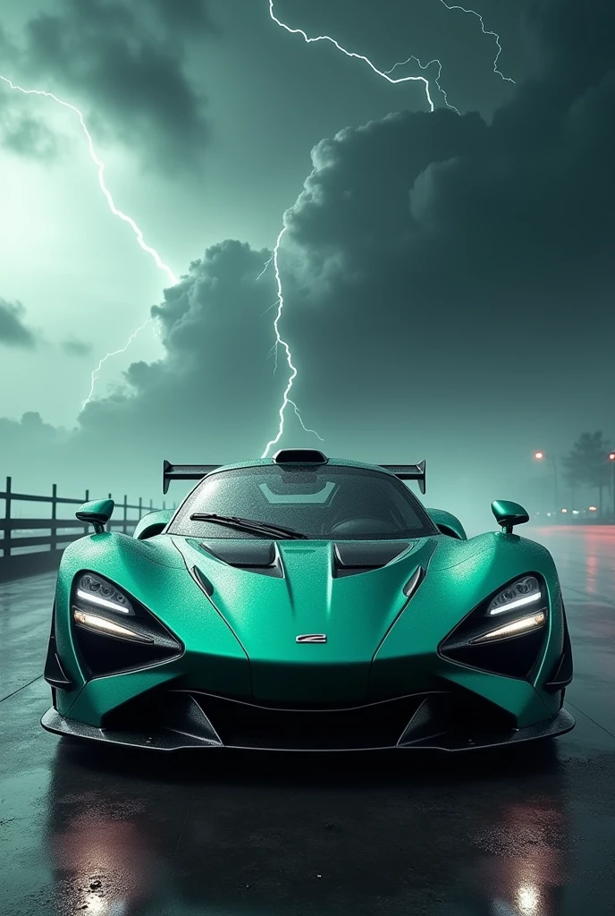 A Japanese sports car with a greenish turquoise background and thunder 