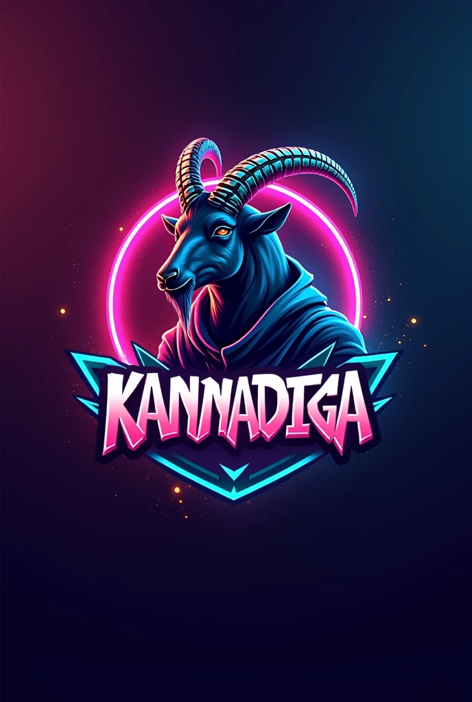 This is a gaming logo that features the name "GOAT KANNADIGA" in a futuristic font and a mixed color. and Goat avtar, The logo also has a stylized emblem icon and the name should inside the emblem. The logo is designed to be attractive and eye-catching, and to appeal to gaming enthusiasts and YouTube viewers.