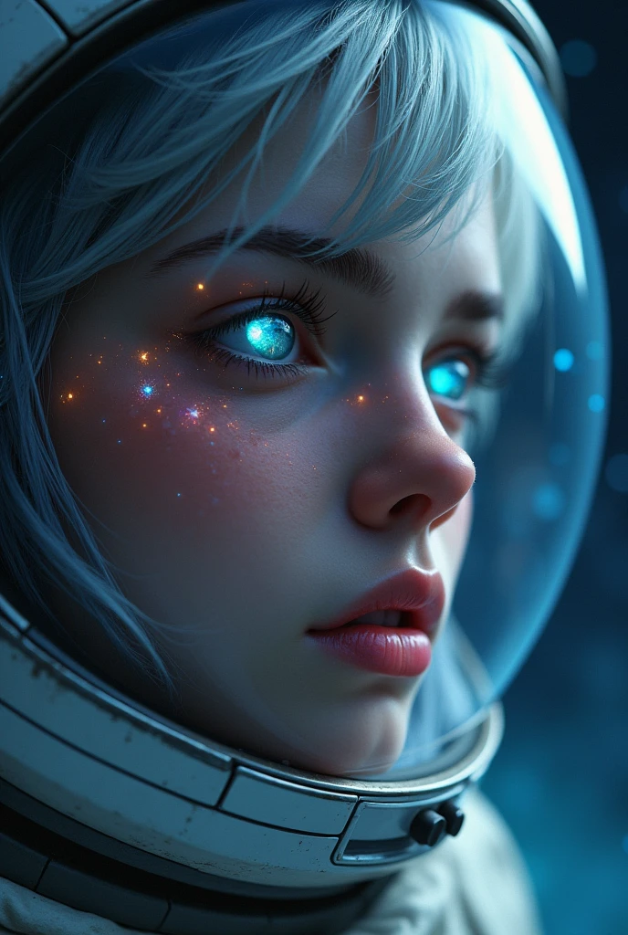 (Close-up of a better masterpiece:1.5)0.9], (Space and astronauts:1.2) (Messy silver hair:1.1) (Heterochromia xanthochromia and blue eyes:1.2) (Space Helmet:1.0) (Colored stars in the eyes:1.0) (A radiant glow:1.1) (thick lips:0.9)