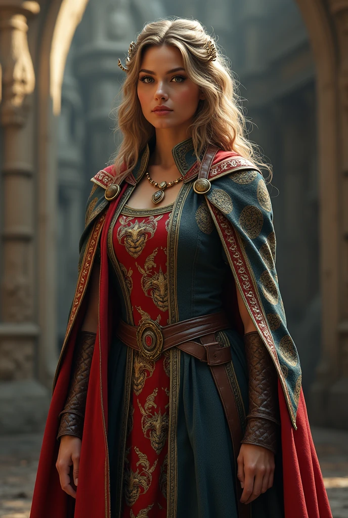 The realistic image is of a superhero mother, feminine, in medieval warrior style, with a two-tone medieval cape, and one of the colors has a beautiful lion printed on it (representando a sabedoria) and on the other half of his cape, in the other color, a court jester is printed (representing Ingenuity). 