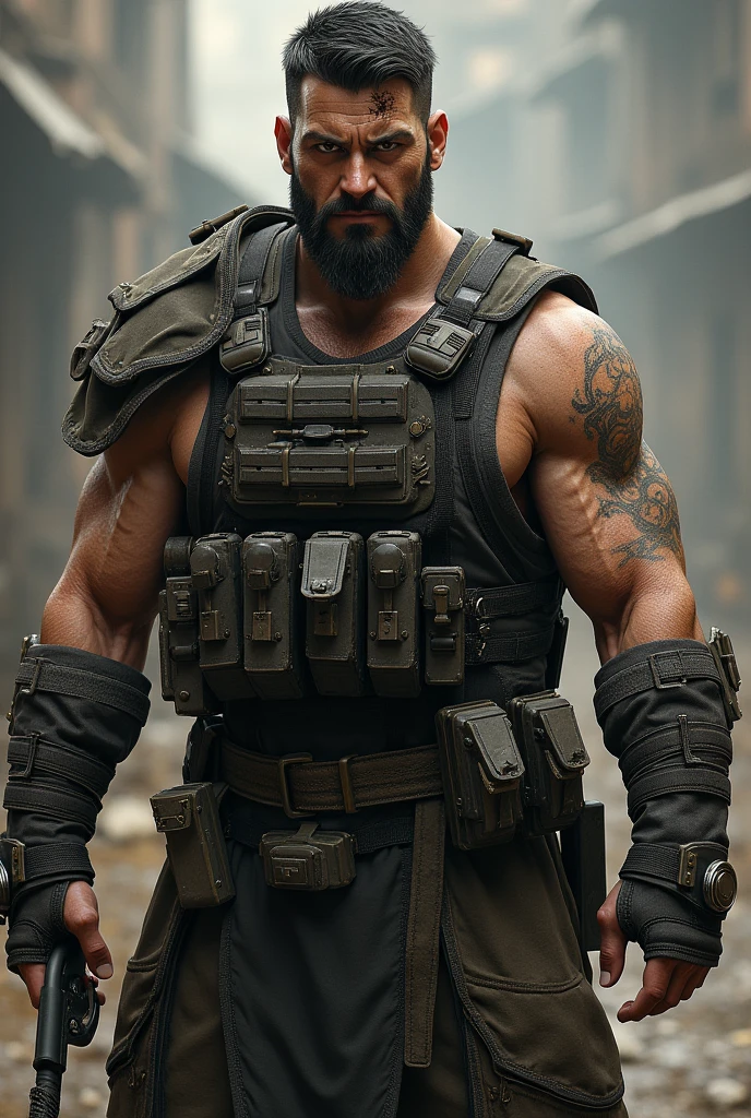 A tall man, bonitas, with sculpted muscles, deep scars, black hair, kept short,, and his stubble adds a hardened look, eyes browns,He wears tactical armor, but simple, preferring agility and functionality over appearance.