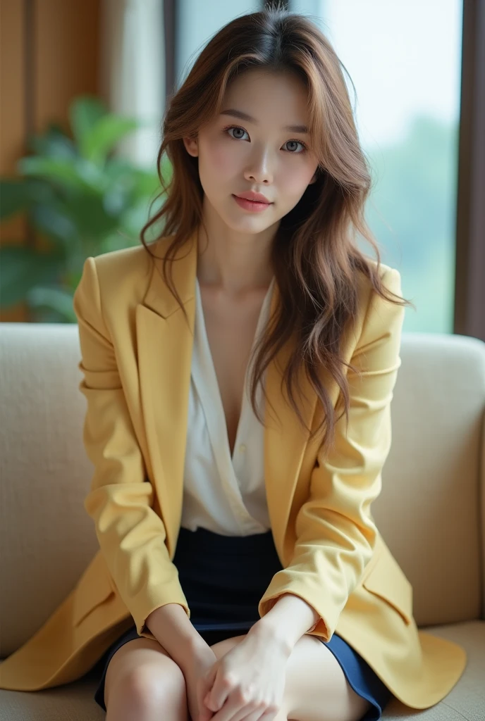 Best quality at best, realistically, ultra - detailed, Detailed pubic hair, A high resolution, 8K wallpaper, 1 Beautiful korean young woman, pink wet lips, light brown messy long hair, Wear a light yellow office suit with ((dark blue short skirt)), white shirt inside the suit, Perfect dynamic composition, beautiful eyes, Delicate hair, Detailed realistically skin texture, Smiling, closeup portrait, sexy body, background the Hotel reseption, blurred background, (full body shot:1.3), Shooting from a long distance from below, (Random body direction), sitting legs crossed, 1 leg on other leg, front view, on white office, on comfortable beige sofa, showing off her sexy legs