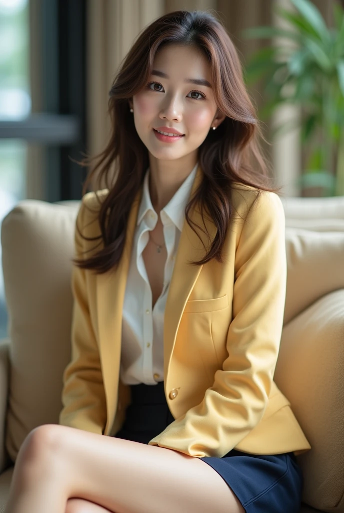 Best quality at best, realistically, ultra - detailed, Detailed pubic hair, A high resolution, 8K wallpaper, 1 Beautiful korean young woman, pink wet lips, light brown messy long hair, Wear a light yellow office suit with ((dark blue short skirt)), white shirt inside the suit, Perfect dynamic composition, beautiful eyes, Delicate hair, Detailed realistically skin texture, Smiling, closeup portrait, sexy body, background the Hotel reseption, blurred background, (full body shot:1.3), Shooting from a long distance from below, (Random body direction), sitting legs crossed, 1 leg on other leg, front view, on white office, on comfortable beige sofa, showing off her sexy legs