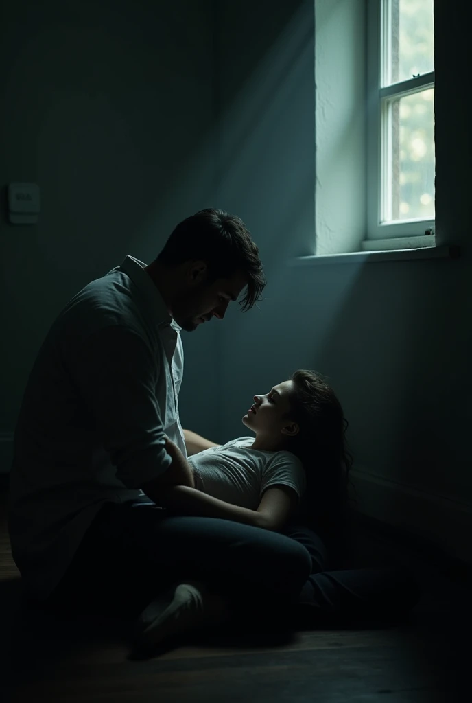 Man sitting with a woman passed out on his lap, in a dark room lit only by window light 