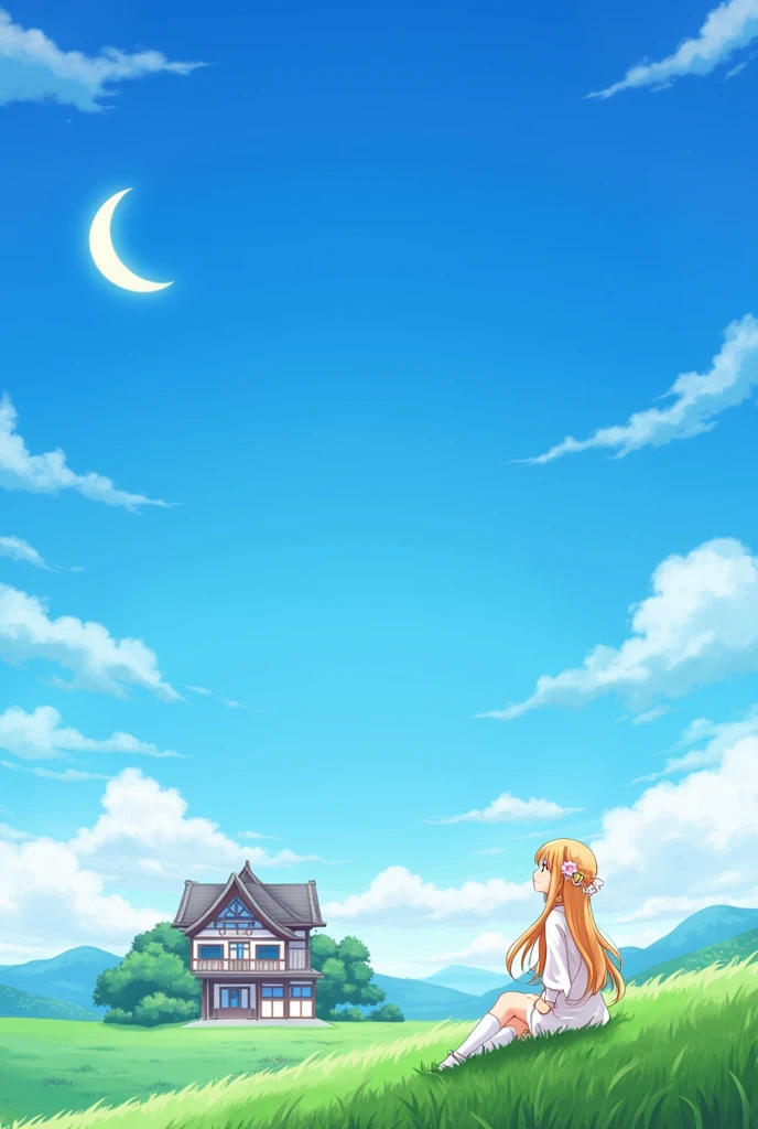 A anime house beautiful, sky full of clouds moon , a anime character girl sitting on the grass see the sky and a flower on her head , long wallpaper picture