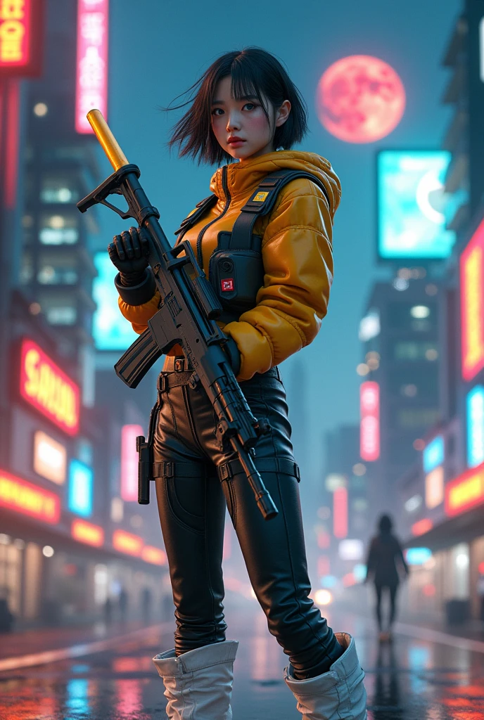 (masterpiece, best quality, beauty, best ratio, best shadows,best Illustration, wallpaper size,1080×2400 pixels,detailed face,pastel colors, futuristic theme) 
uhd, korean female, korean beauty like tae yon, full posture fully visible, shining blue eyes, windblown short hair, wear black and yellow full  armory leather, white boots, hand holding futusistic riffle emits gold energy, standing standing in front of a futuristic city with many colorfull glass houses. outer space, 
big neon billboard, big red  moon seen on far away. use the RenderMan renderer.digital art.High definition, high contrast, high color saturation ,128k,cinematic lighting, intricate,cinematic advertising photograph,cinema lens,high res.