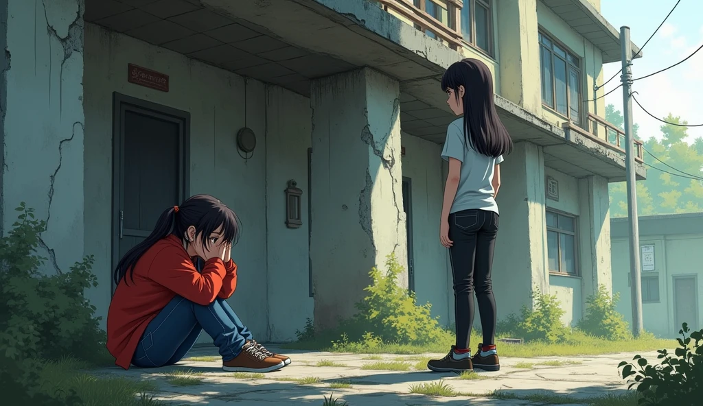 background outside of abandoned building. at the morning. one girl wearing red jacket with blue jeans and long hair . and sitting at the ground and holding his head. another chinese girl wearing casual outfit with black jeans and whiter shirt. talking each other