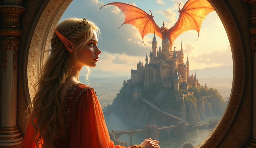 fantasy art, RPG art, a portrait picture of a (beautiful elf princess: 1.2) looking through her window at a magical castle and  flying dragon, a beautiful elven princess looking through her window to see a magical castle, an impressive best detailed castle, with towers, bridges, a moat, standing on top of a mountain and a flying epic dragon  breathing fire near the castle