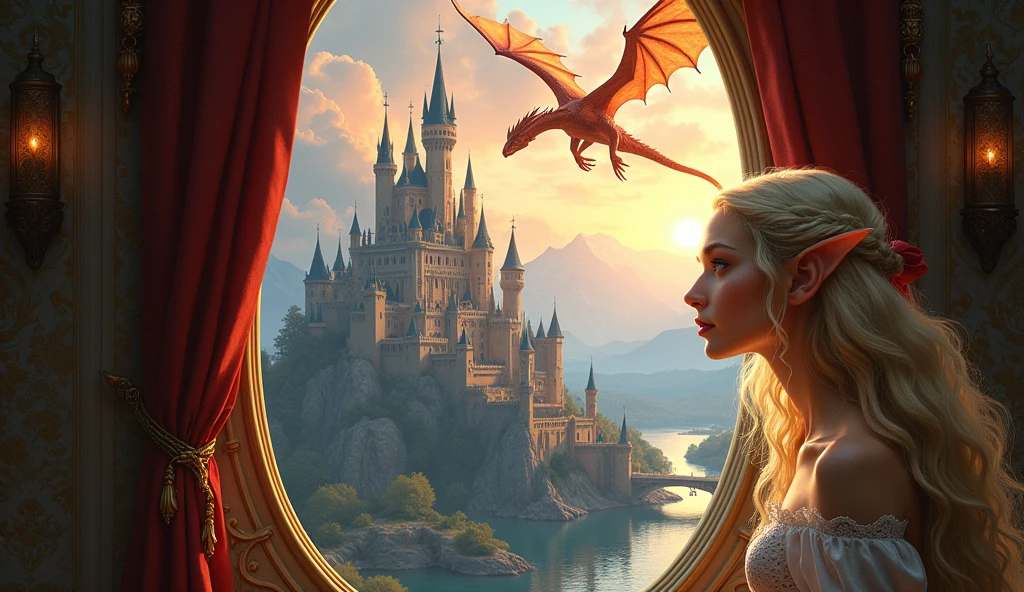 fantasy art, RPG art, a portrait picture of a (beautiful elf princess: 1.2) looking through her window at a magical castle and  flying dragon, a beautiful elven princess looking through her window to see a magical castle, an impressive best detailed castle, with towers, bridges, a moat, standing on top of a mountain and a flying epic dragon  breathing fire near the castle