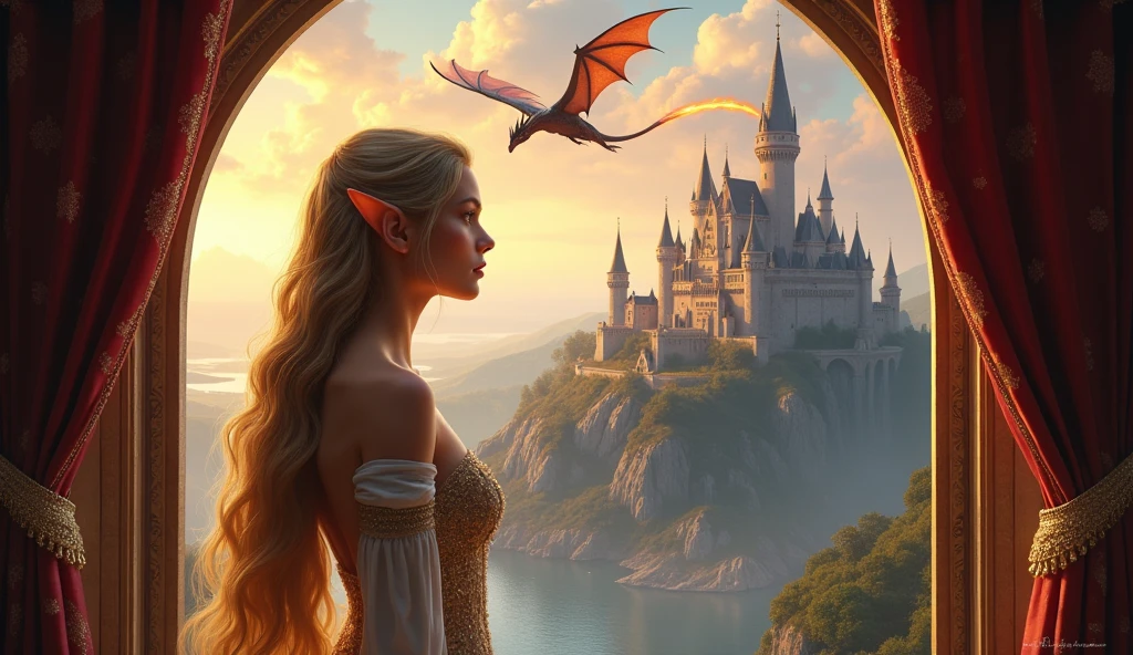 fantasy art, RPG art, a portrait picture of a (beautiful elf princess: 1.2) looking through her window at a magical castle and flying dragon, a beautiful elven princess looking through her window to see a magical castle, an impressive best detailed castle, with towers, bridges, a moat, standing on top of a mountain and a flying epic dragon breathing fire near the castle