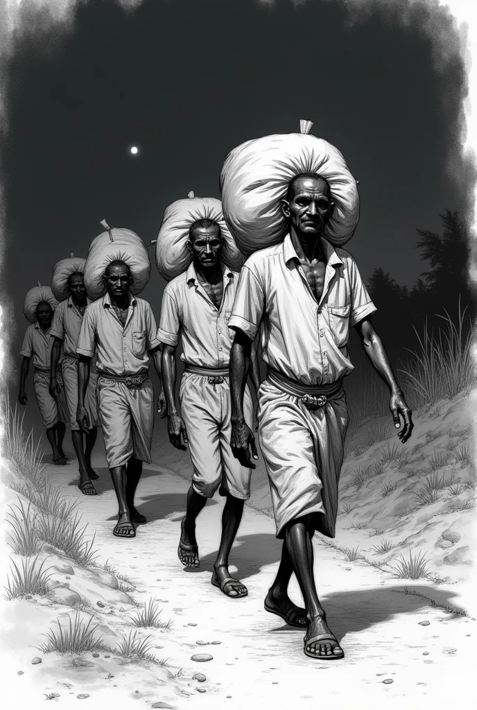 A Indian labour men returning village with a bag in night sketch image